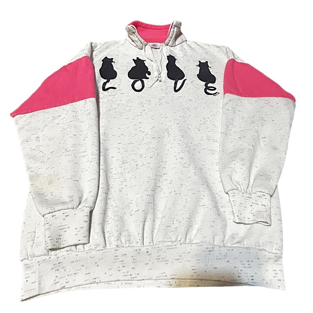 Vintage Magic USA Cat LOVE Quarter Zip Sweatshirt Pink Colorblock Women’s L